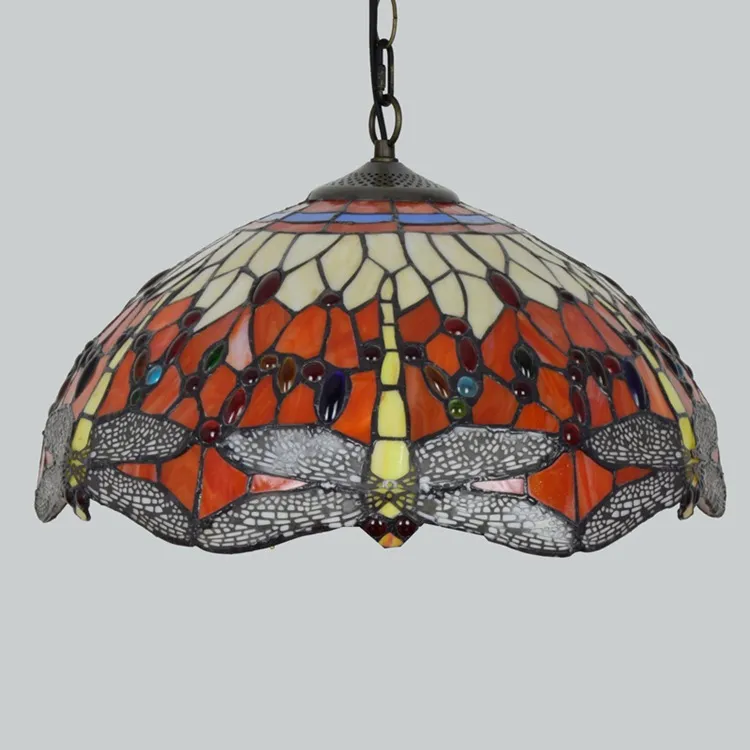Lampe en vitrail Tiffany de créativité américaine, lustre rétro en forme de libellule rouge pour salon, Restaurant, Bar