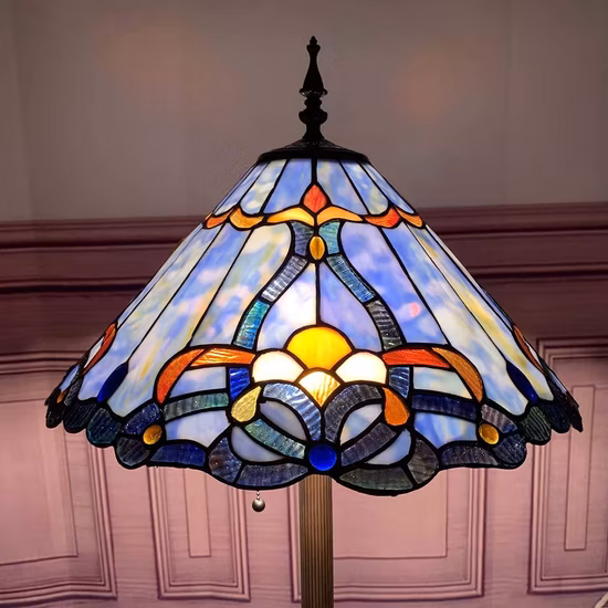 Bieye Lampadaire baroque de style Tiffany en vitrail avec abat-jour bleu de 45,7 cm de large pour lire, travailler, chambre à coucher, salon, 3 lumières, 160 cm de haut